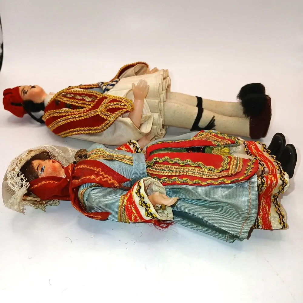 Lot Of 2 Vintage Greek Cloth Costume Dolls 7 & 9 inches tall